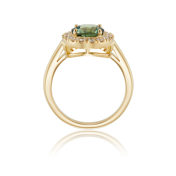 Green Sapphire and Diamond Halo Engagement Ring